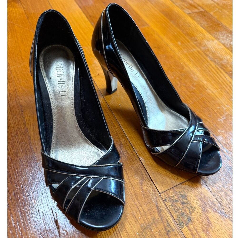 Vtg Y2K 90s Black Faux Leather Peep Toe Heels Criss Cross Strappy Pumps Size 6